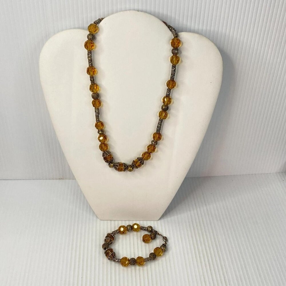 Vintage Necklace Bracelet Set - Amber and Metal Beads